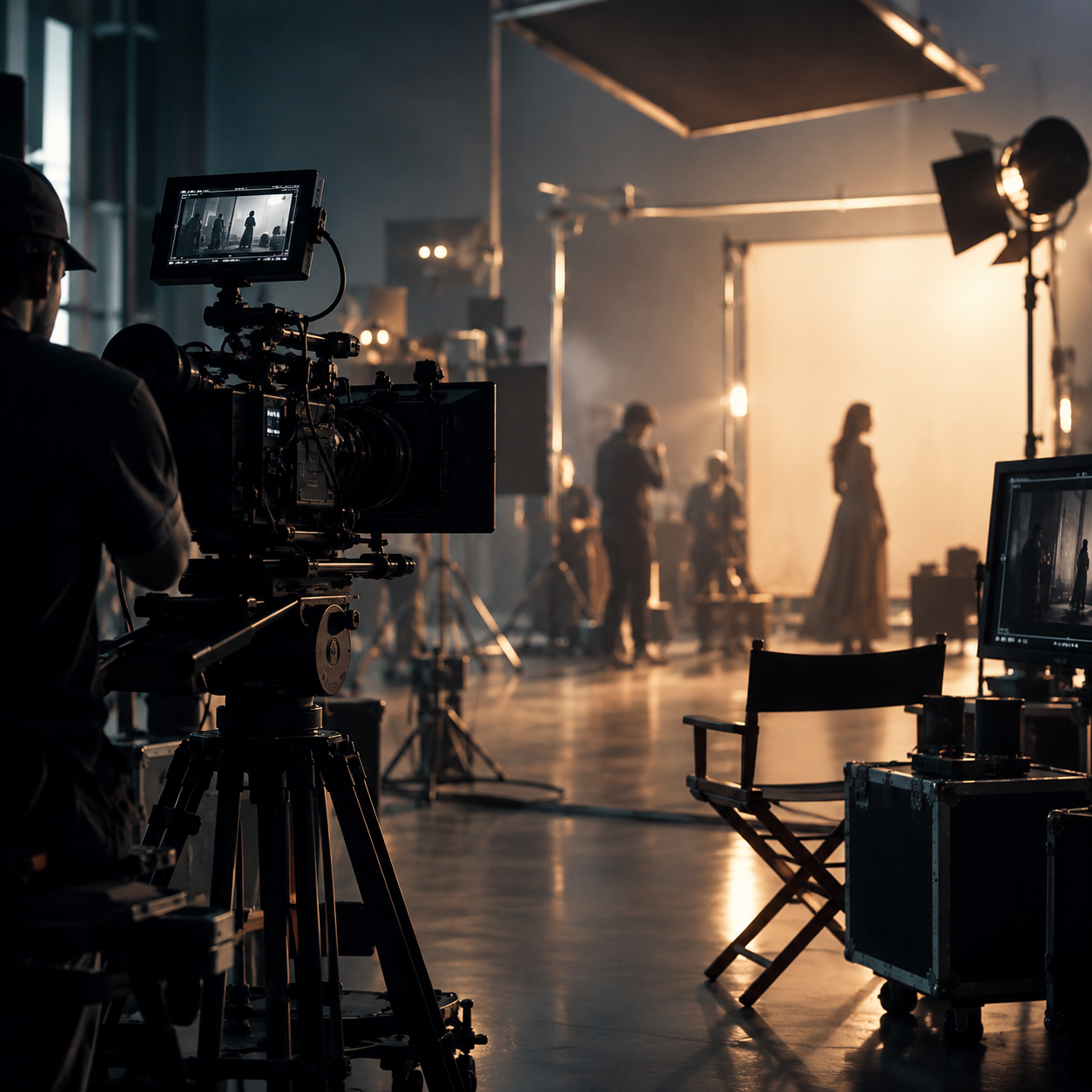 Film and TV production set — cameras, studio lighting and crew at work